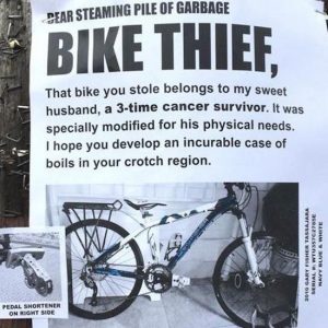 Homeless Man Protects Stolen Bike After Angry-worded Poster Shamed ...