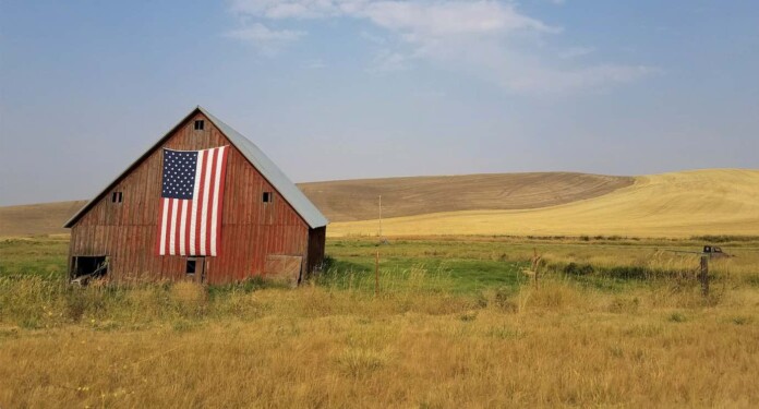 old barn with american flag and Midwestern crops