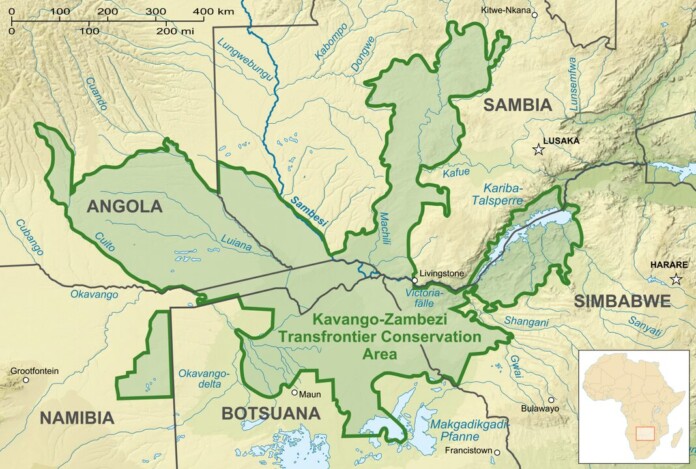 A German map of the Kavango Zambezi Transfrontier Conservation Area – Credit: CC 3.0. Lencer